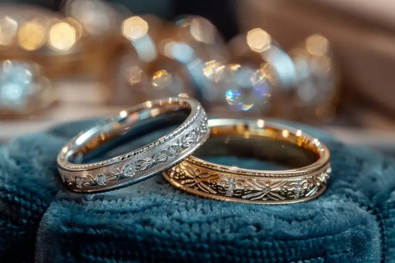 Deux alliances, l'une argentée et l'autre dorée, ornées de motifs floraux et de diamants, posées sur un tissu bleu. Un guide pour comment choisir son alliance.