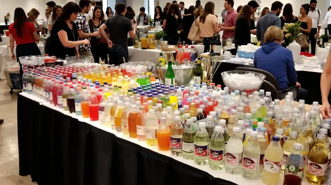 Une grande variété de bouteilles de boissons colorées, prêtes pour un événement. Combien de bouteilles d'eau pour 50 personnes ? Difficile à dire, mais il y a de quoi faire !