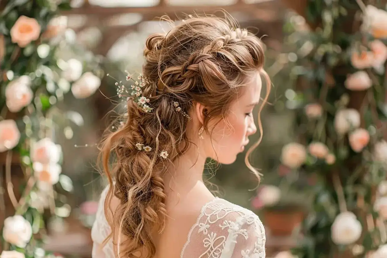 Une mariée avec une demi queue tressée ornée de petites fleurs, prête pour son grand jour.
