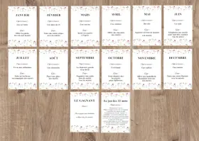 Cartes de jeux mariage "12 mois de l'année" avec des gages et objets à trouver pour chaque mois.