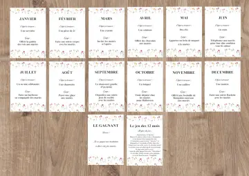 Cartes de jeux mariage "12 mois de l'année" avec des gages et objets à trouver pour chaque mois.
