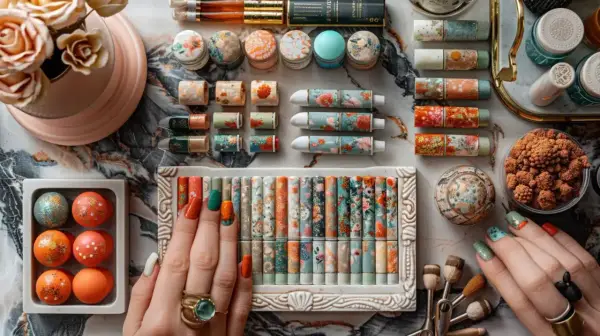 Manucure inspirée d'un mariage bohème : des ongles aux motifs floraux et colorés, assortis à des tubes de maquillage et des boules décoratives.