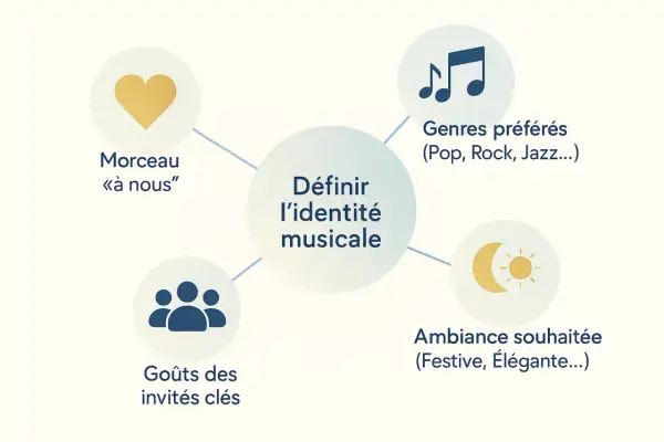 Schéma pour définir l'identité musicale d'une playlist mariage toute faite : morceau à nous, genres préférés, goûts des invités, ambiance souhaitée.