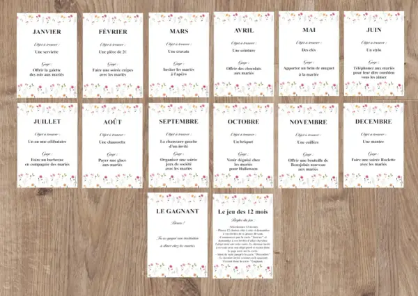 Cartes de jeux mariage "12 mois de l'année" avec des gages et objets à trouver pour chaque mois.