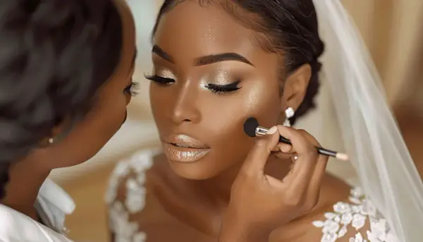 Maquillage peau noire mariage : une mariée resplendissante, le teint sublimé par des touches dorées et scintillantes. Ses yeux et ses lèvres brillent de mille feux.
