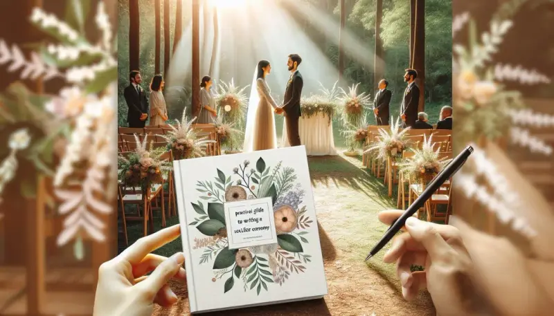 Un livre "guide pratique pour écrire une cérémonie laïque" est tenu devant un mariage en forêt. Le texte officiant cérémonie laïque est au cœur de ce guide.