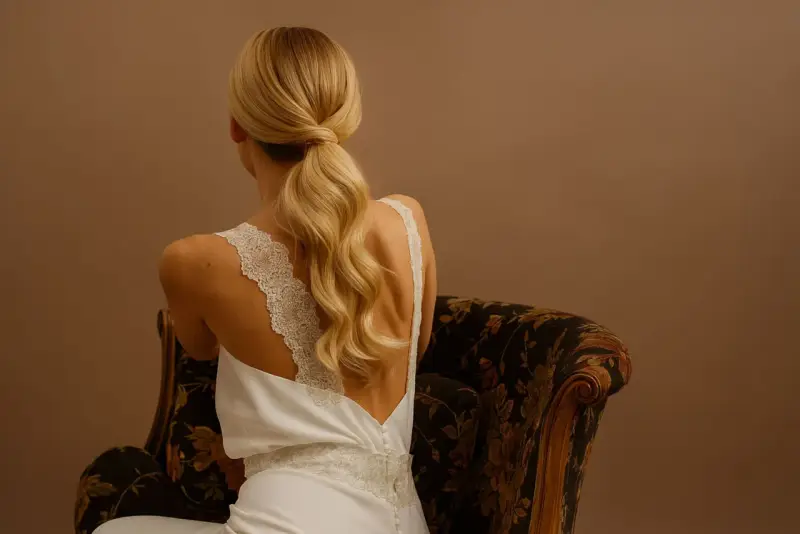 Une invitée de mariage arbore une élégante robe blanche et une queue de cheval blonde, assise sur un fauteuil fleuri.