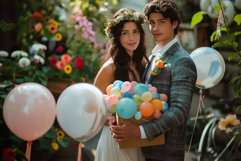 Un jeune couple, elle couronnée de fleurs, lui en costume, tient un bouquet de ballons colorés. Une belle idée surprise mariage.