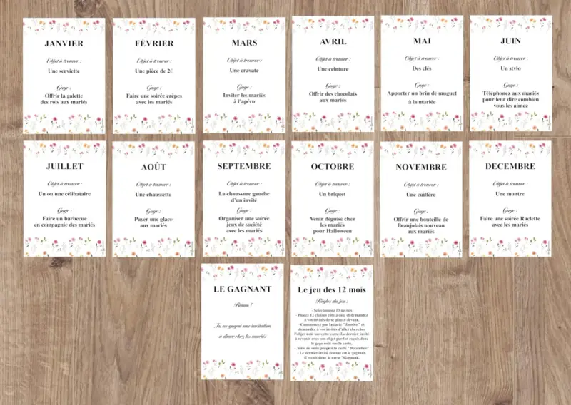 Cartes de jeux mariage "12 mois de l'année" avec des gages et objets à trouver pour chaque mois.